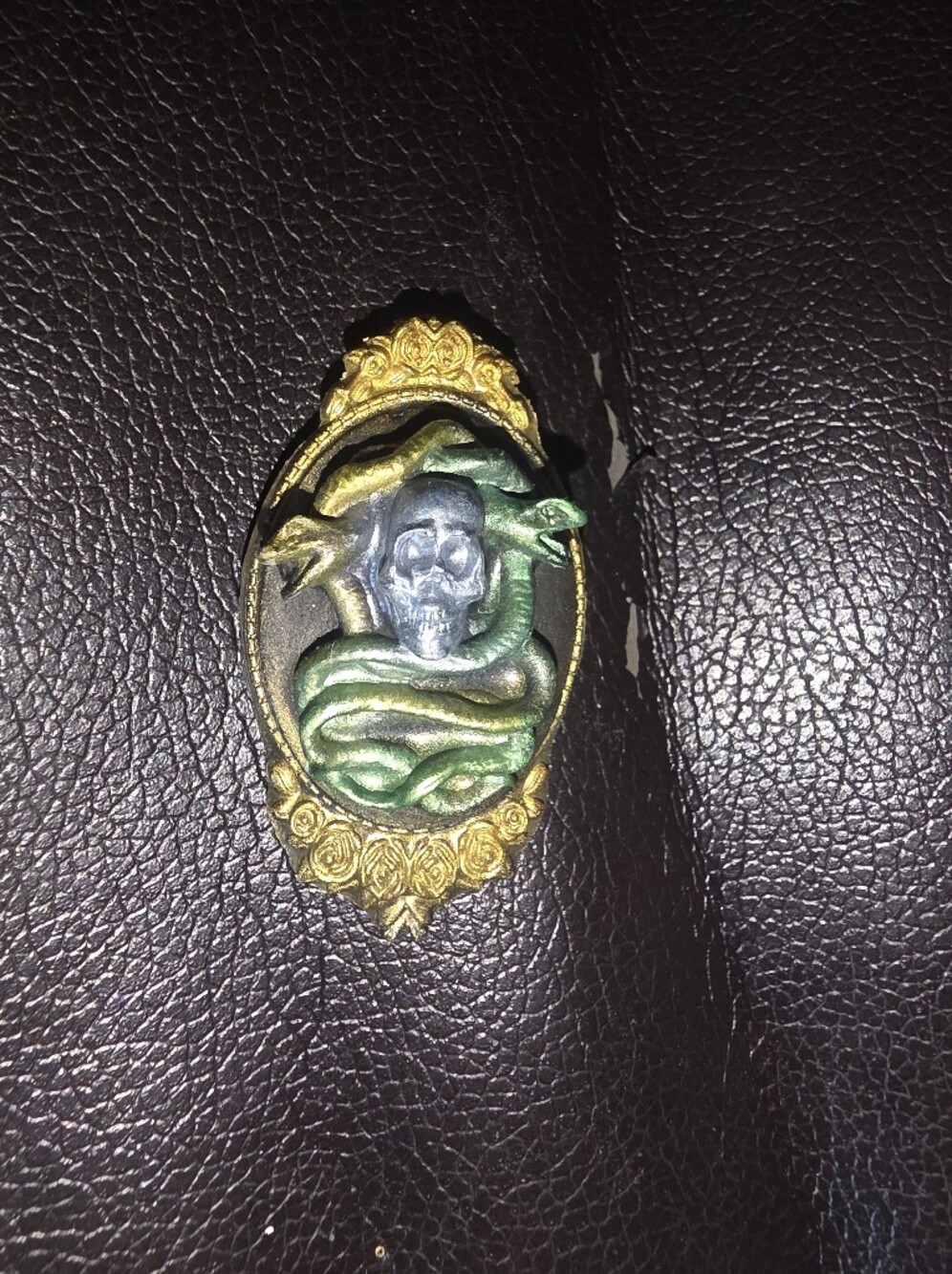Yellow & Green Resin Snake & Skull Brooch Perfect For Halloween Or A Gothic Look